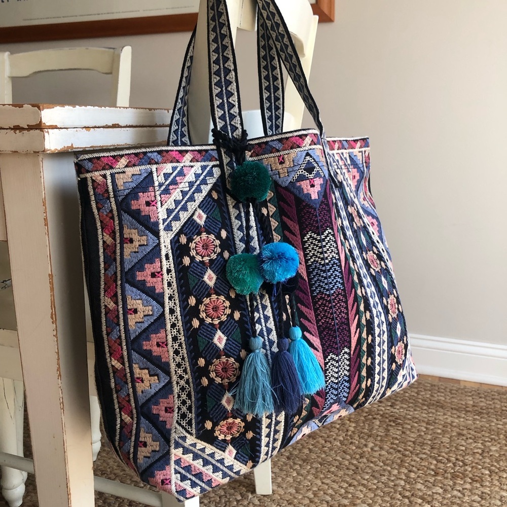 New: Johnny Was Embroidered Tote with Pom Tassels - Picture 3 of 14